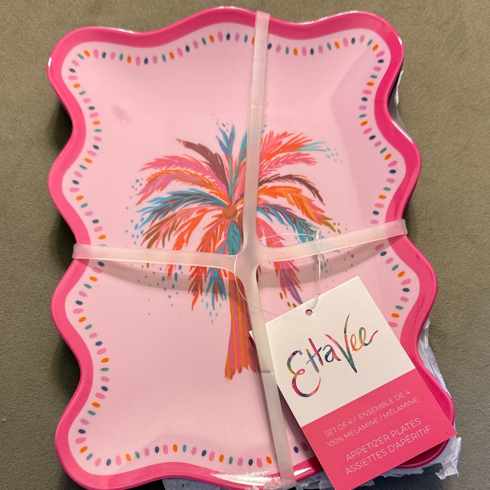 Etta Vee-Set of 4 Palm Tree Appetizer Plates, 2pink/2blue, melamine.
